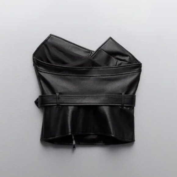 ZARA Black Leather Edgy Moto Biker Style Belted Strapless Tube Top Size S - Picture 4 of 9